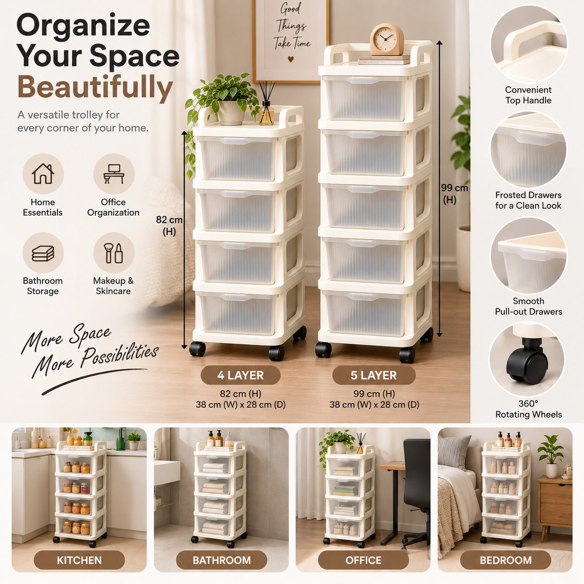 4 & 5-Tier Rolling Storage Cart with Drawers | Multipurpose Organizer on Wheels for Home, Office & Beauty Storage