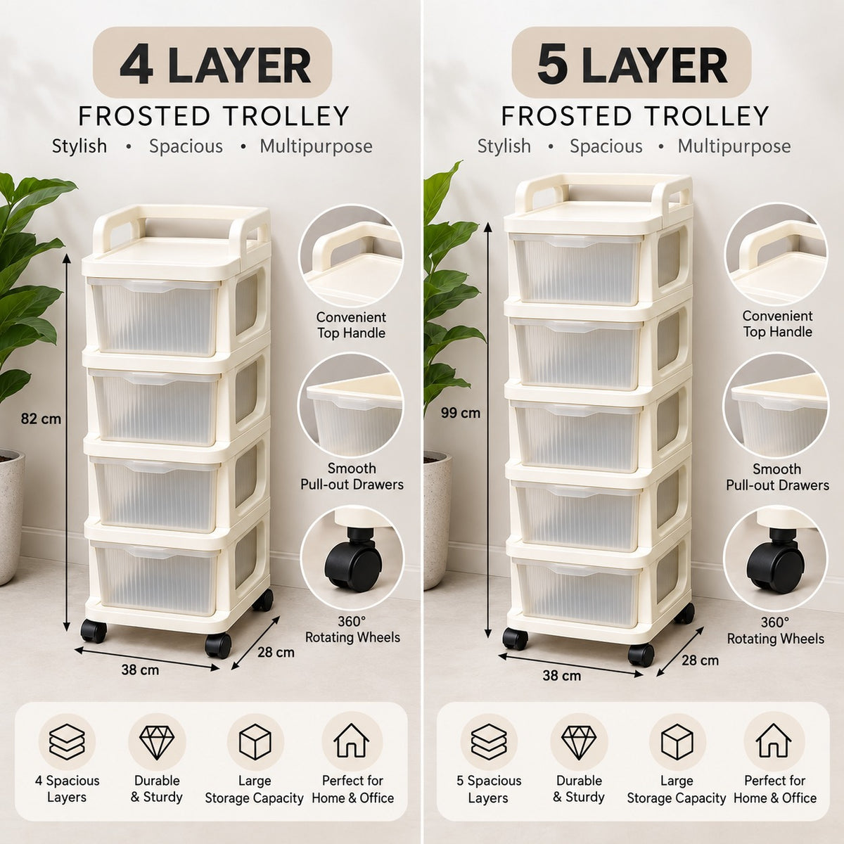 4 & 5-Tier Rolling Storage Cart with Drawers | Multipurpose Organizer on Wheels for Home, Office & Beauty Storage