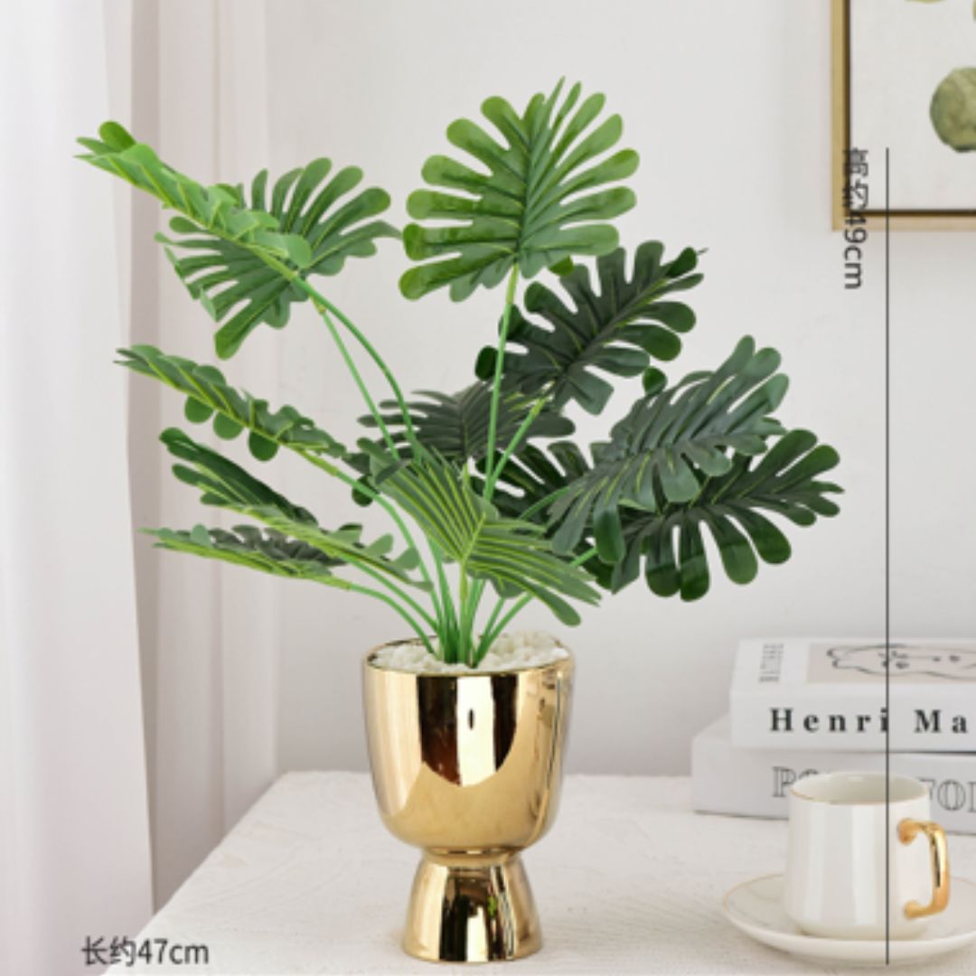 Gold Accent Flower Pot With Plant - Home Hatch