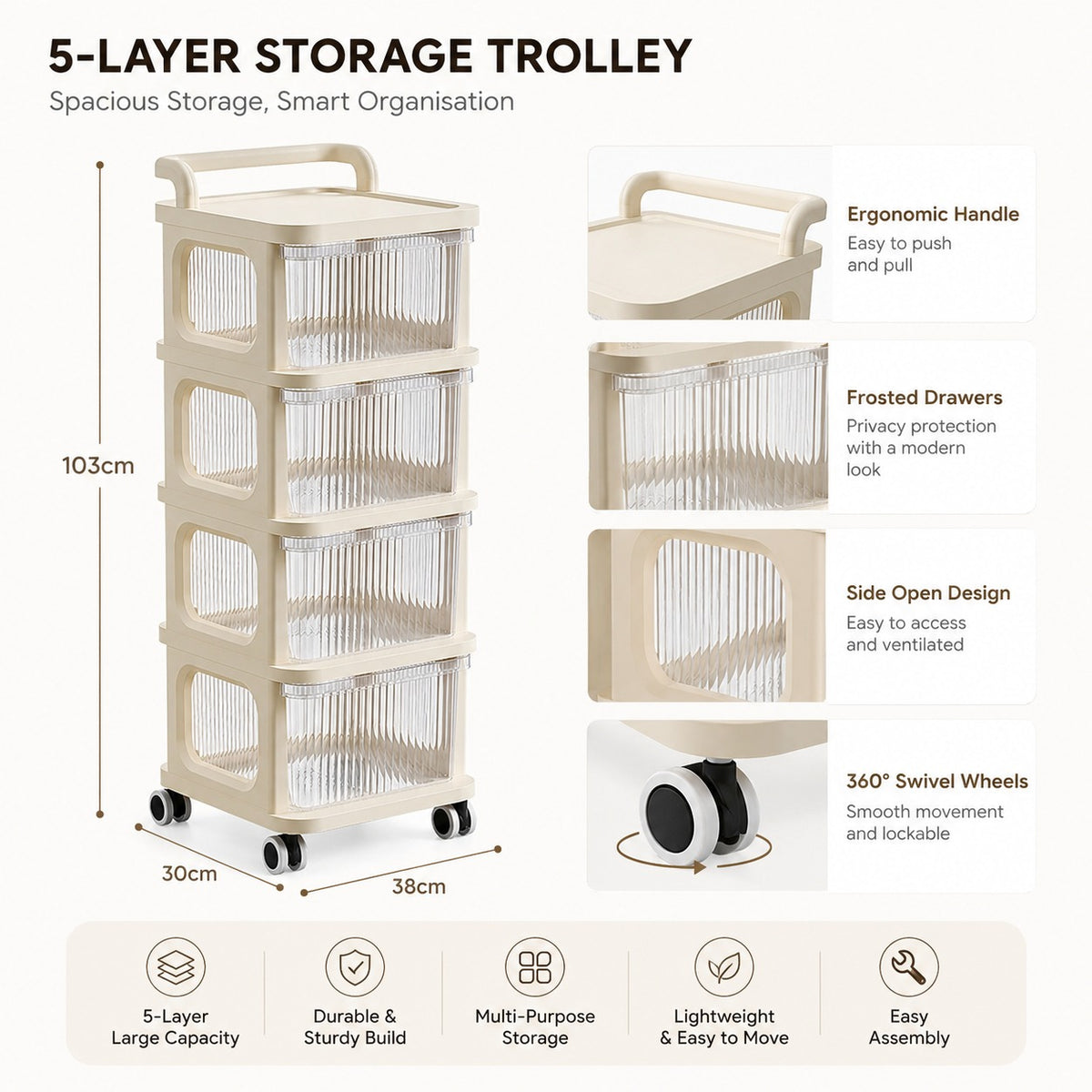 5-Tier Rolling Storage Cart with Drawers | Multipurpose Organizer on Wheels for Home, Office & Beauty Storage