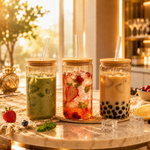 550ml brown glass tumbler with wooden lid and reusable glass straw for iced coffee, juice, smoothies, water and cold beverages.