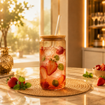 550ml brown glass tumbler with wooden lid and reusable glass straw for iced coffee, juice, smoothies, water and cold beverages.