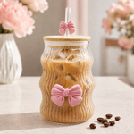550ml ribbed bow glass tumbler with wooden lid and reusable glass straw for iced coffee, juice, smoothies and cold beverages.