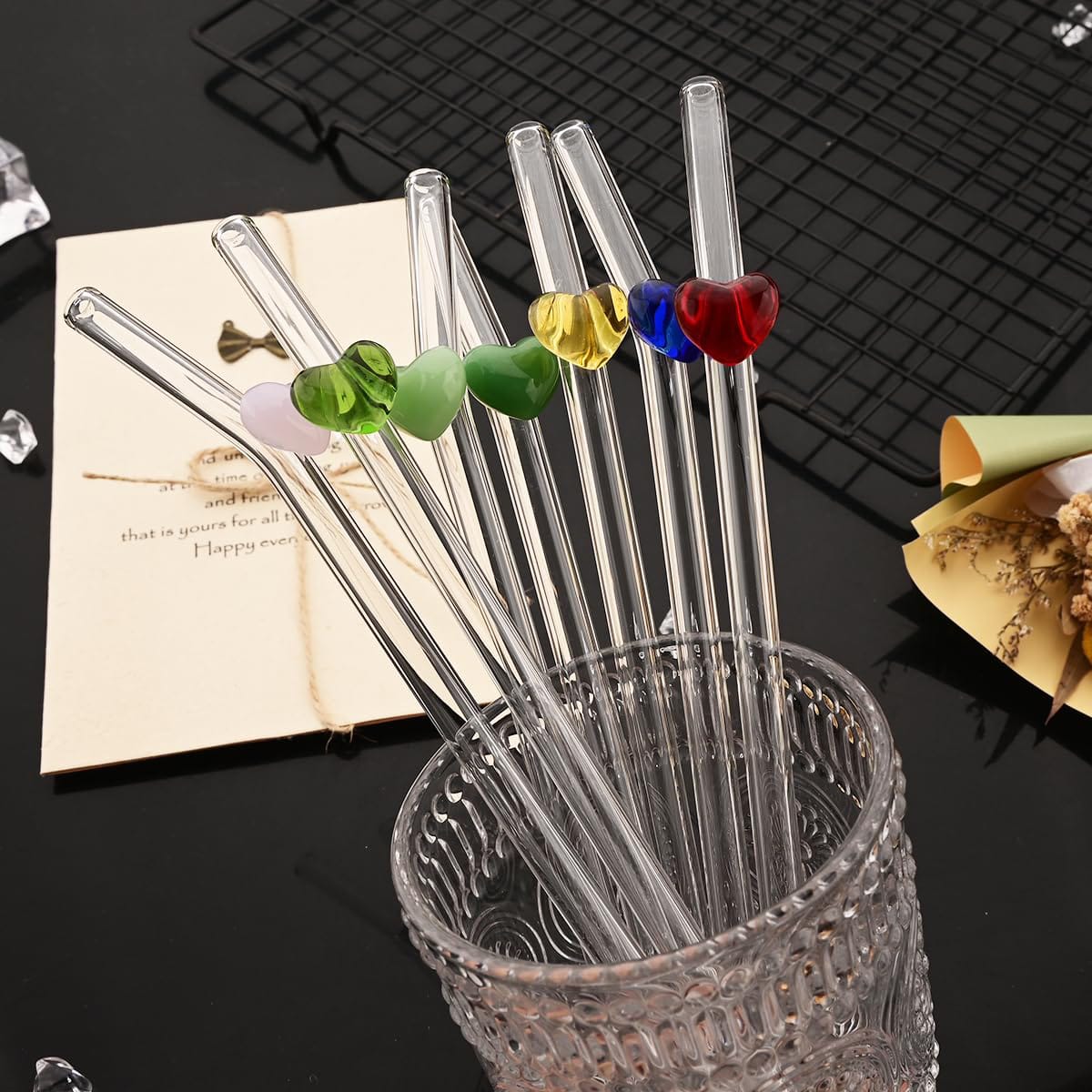 Heart Shape Glass Drinking Straws Set 5pcs Pakistan – Colorful Reusable Glass Straws with Cleaning Brush for Smoothies & Iced Coffee