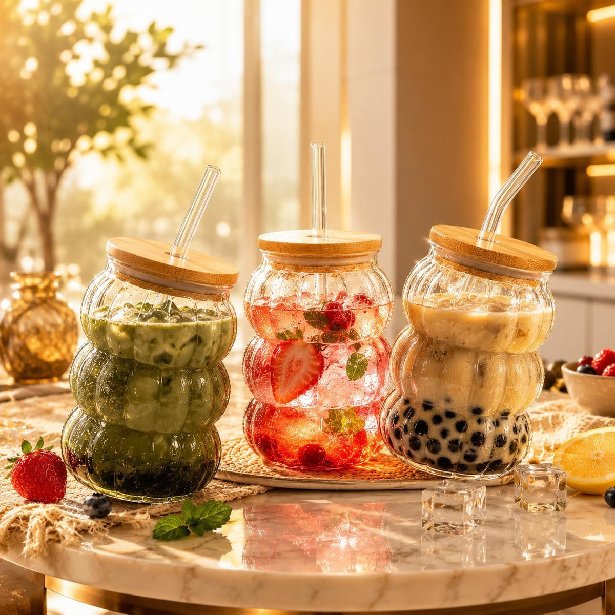 600ml pumpkin shape transparent glass tumbler with wooden lid and reusable glass straw for iced coffee, juice, smoothies and cold beverages.