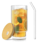 Lined Slim Bottom Transparent Drinking Glass Tumbler with Bamboo Lid And Glass Straw