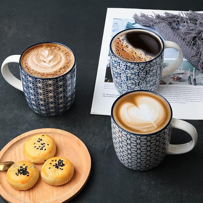 Coffee Mugs with Blue And White Geometric Patterns