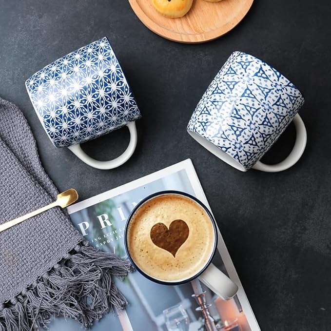 Coffee Mugs with Blue And White Geometric Patterns