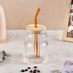 Curved Transparent Drinking Glass Tumbler with Bamboo Lid And Glass Straw