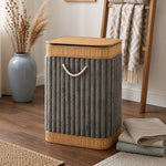 Grey velvet laundry basket with bamboo frame and lid, foldable clothes storage hamper for bedroom, bathroom, and laundry room organization.