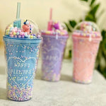 Kids Unicorn Lid Glass With Coloured Straw | Drinking Bottle