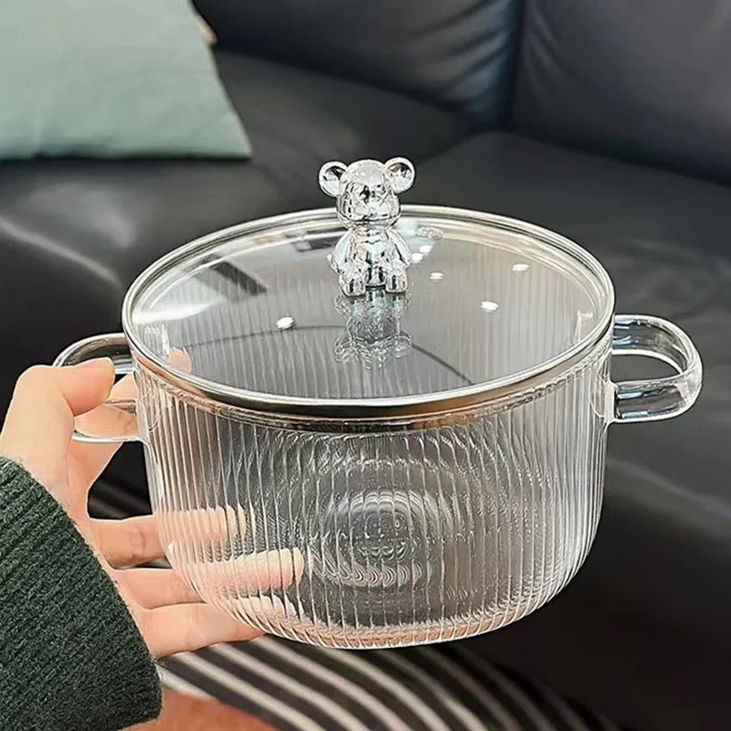 Bear Lid Borosilicate Transparent Nonstick Glass Cooking Pot | Cookware