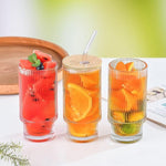 Lined Slim Bottom Transparent Drinking Glass Tumbler with Bamboo Lid And Glass Straw