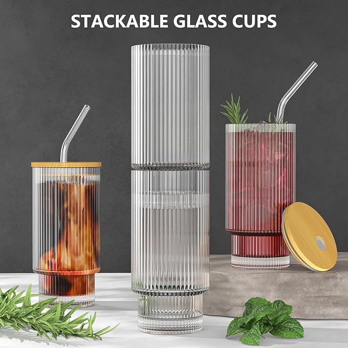 Lined Slim Bottom Transparent Drinking Glass Tumbler with Bamboo Lid And Glass Straw