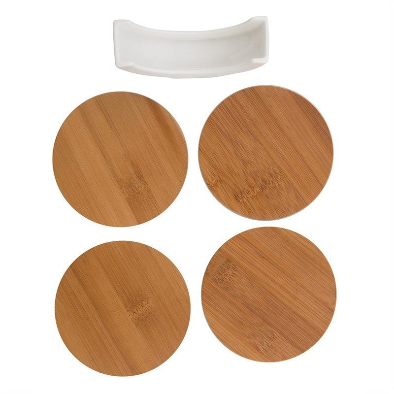 4 Pieces Bamboo Coaster Set with Porcelain Stand