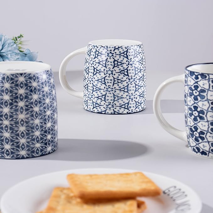 Coffee Mugs with Blue And White Geometric Patterns