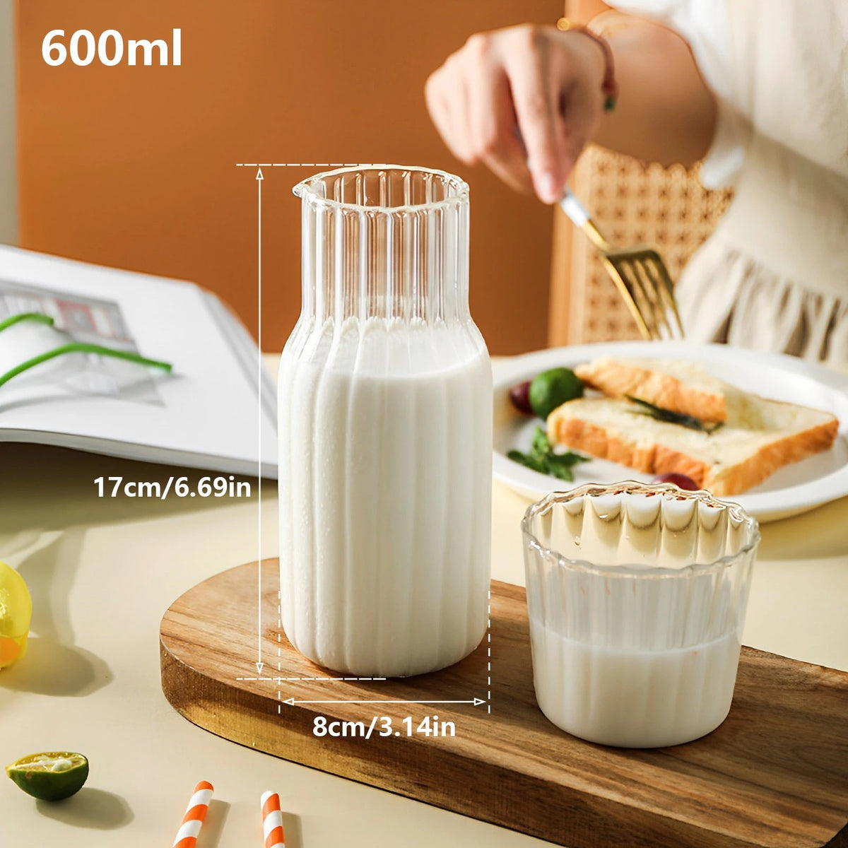 Ribbed glass bedside water carafe and tumbler set 600ml by Home Hatch – elegant nightstand carafe with cup lid