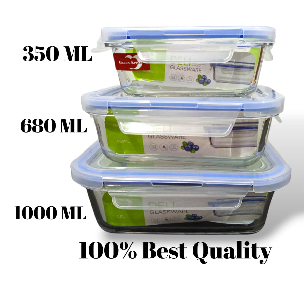 Airtight Glass Food Storage Lock n Lid Container Set – 3 Pcs