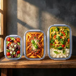 Airtight Glass Food Storage Container with Lock Lid Set – 3 Pcs Glass tiffin box PakistanReusable glass kitchenwareMicrowave safe lunch box