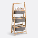 Bamboo Storage Rack with Fabric Baskets – Foldable Home Organizer Shelf for Bathroom