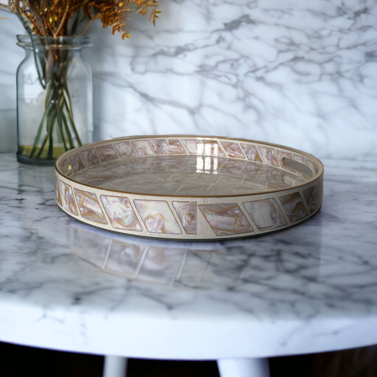 Beige Scales Printed Design Round Serving Tray | Décor Tray - Home Hatch