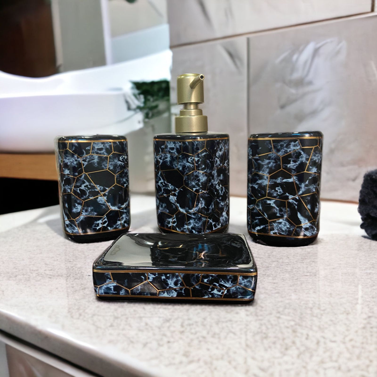 Black Grey Marble Pattern Square Shape Bath Set - 4pcs