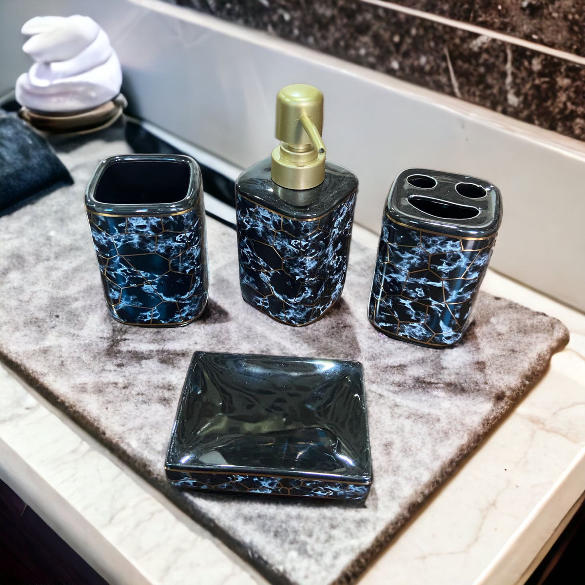 Black Grey Marble Pattern Square Shape Bath Set - 4pcs