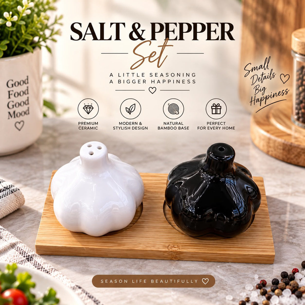 garlic shaped salt and pepper shakers, ceramic salt and pepper shaker set, black and white salt pepper shakers, garlic ceramic seasoning set, salt pepper set with bamboo tray, garlic shaped ceramic shakers, 3 piece salt and pepper set, cute kitchen accessories, decorative salt and pepper shakers, bamboo tray seasoning set, ceramic salt pepper containers, black white kitchen accessories, modern dining table accessories, salt pepper shaker set Pakistan, ceramic shakers Pakistan, bamboo tray salt pepper set Pa