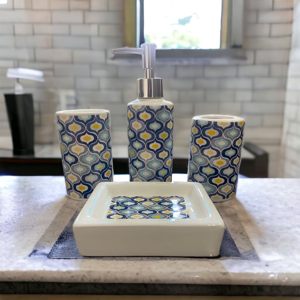 Blue Abstract Design Ceramic Bath Set - 4pcs