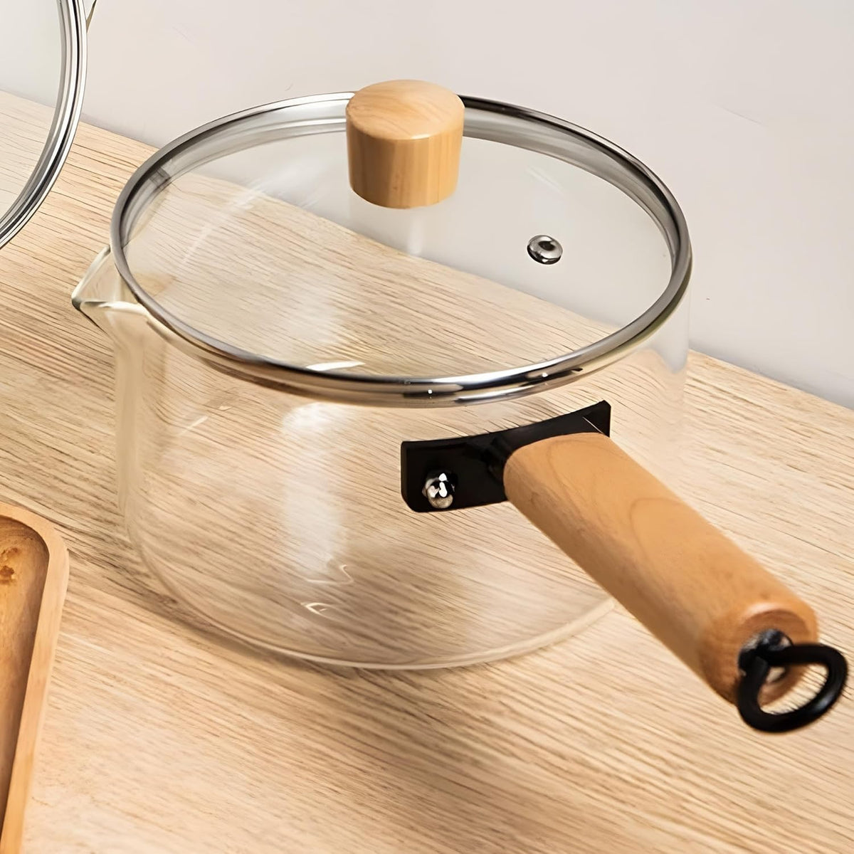 borosilicate glass saucepan with wooden handle and lid heat resistant cooking pot – Home Hatch Pakistanborosilicate glass saucepan Pakistanglass cooking pot with lidtransparent saucepan Pakistanheat resistant glass cookwareHome Hatch cookwareglass milk pot with handleclear cooking saucepanmodern glass cookware Pakistanglass soup potborosilicate kitchen pot