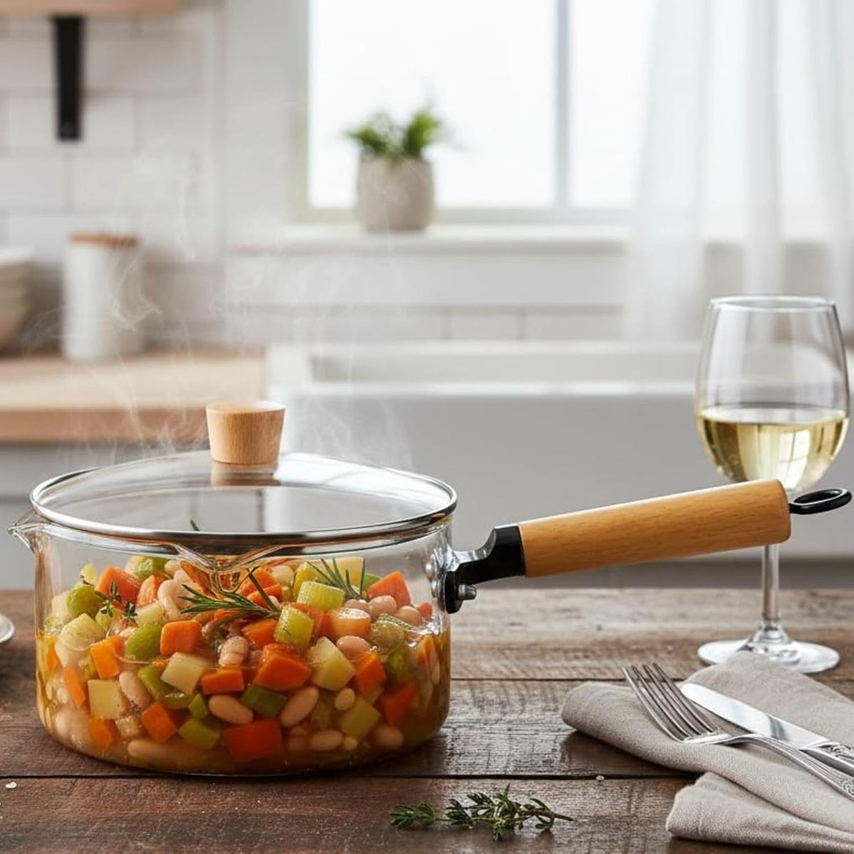 Borosilicate Glass Saucepan with Wooden Handle & Lid – Heat Resistant Cooking Pot