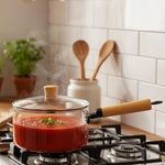 Borosilicate Glass Saucepan with Wooden Handle & Lid – Heat Resistant Cooking Pot