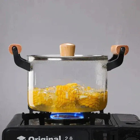 Borosilicate Glass Cooking Pot with Wooden Handles & Lid