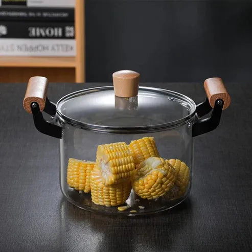 Borosilicate Glass Cooking Pot with Wooden Handles & Lid