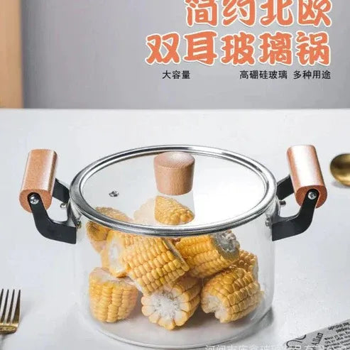 Borosilicate Glass Cooking Pot with Wooden Handles & Lid