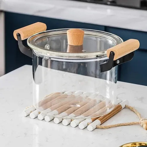 Borosilicate Glass Cooking Pot with Wooden Handles & Lid
