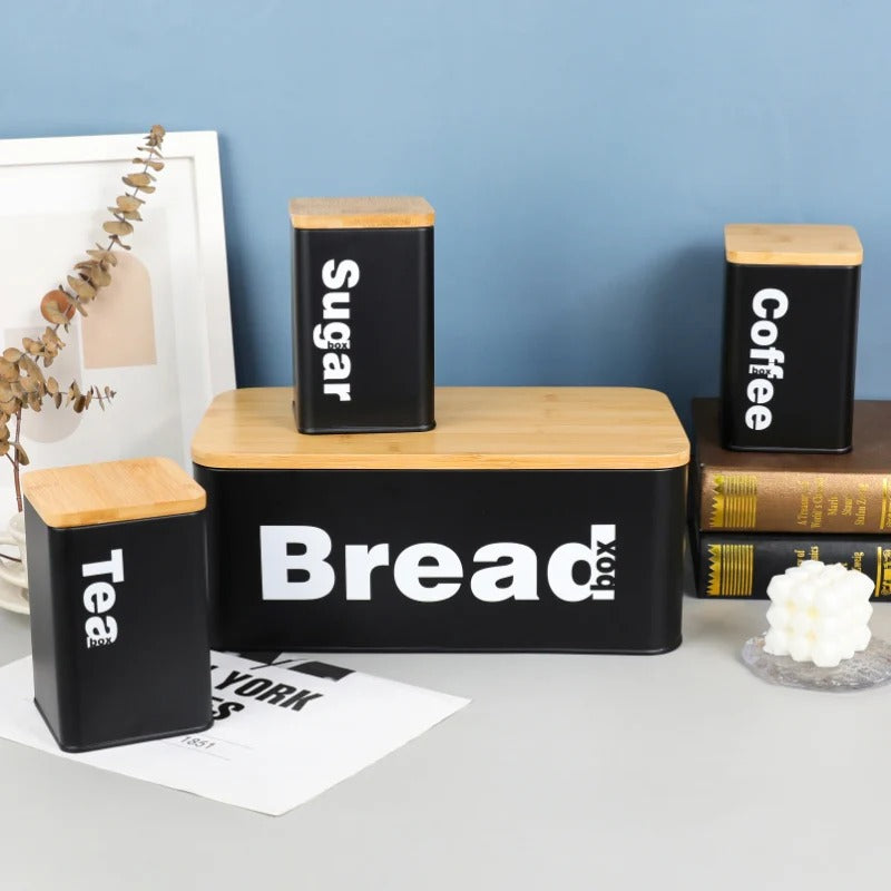 Bread Box with Three Canister Set with Bamboo Lid