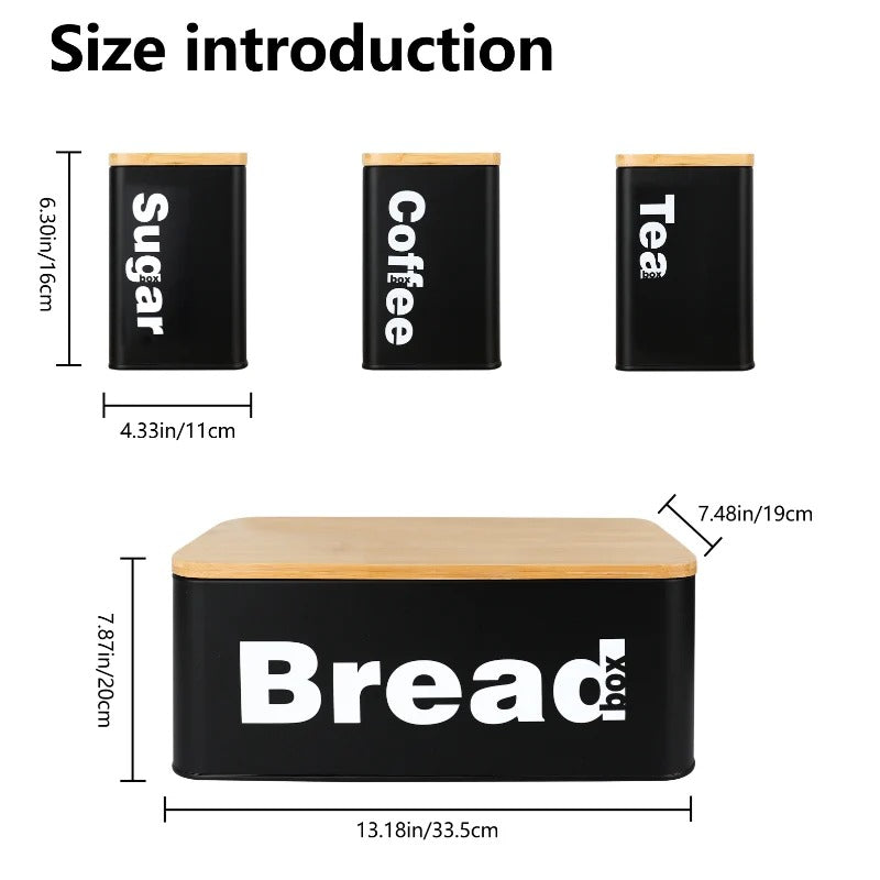 Bread Box with Three Canister Set with Bamboo Lid