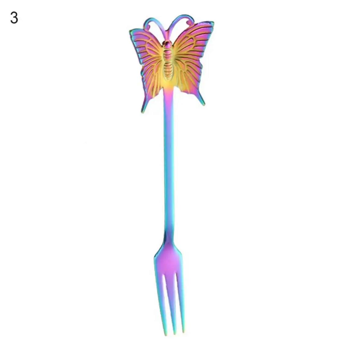 Butterfly Head Rainbow n Gold 4-Pcs Cutlery Set | Mini Fork & Spoon
