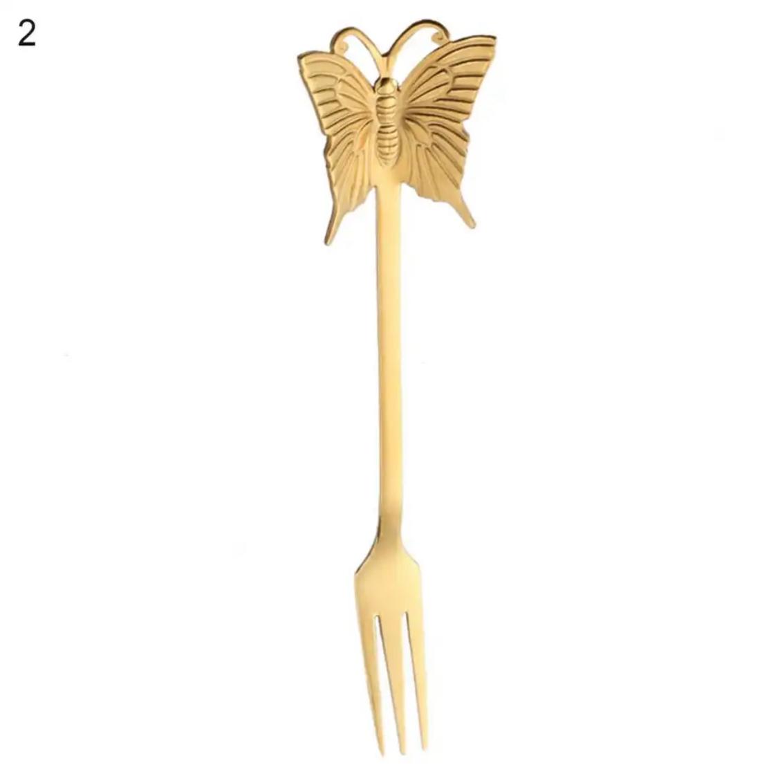 4-Pcs Butterfly Head Cutlery Set Rainbow n Gold Colour | Mini Fork & Spoon