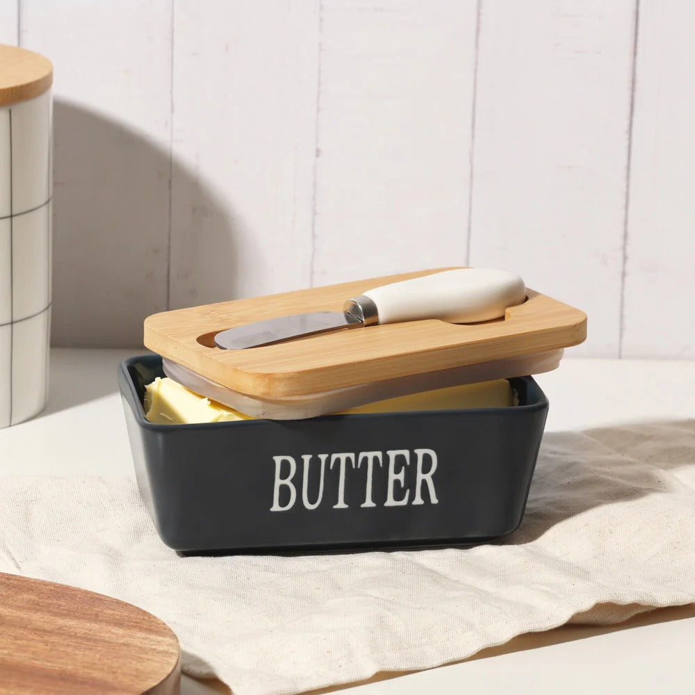 Ceramic butter dish with bamboo cover and built-in knife slot – Home Hatch Pakistan