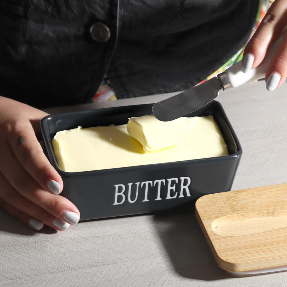 Ceramic butter dish with bamboo cover and built-in knife slot – Home Hatch Pakistan