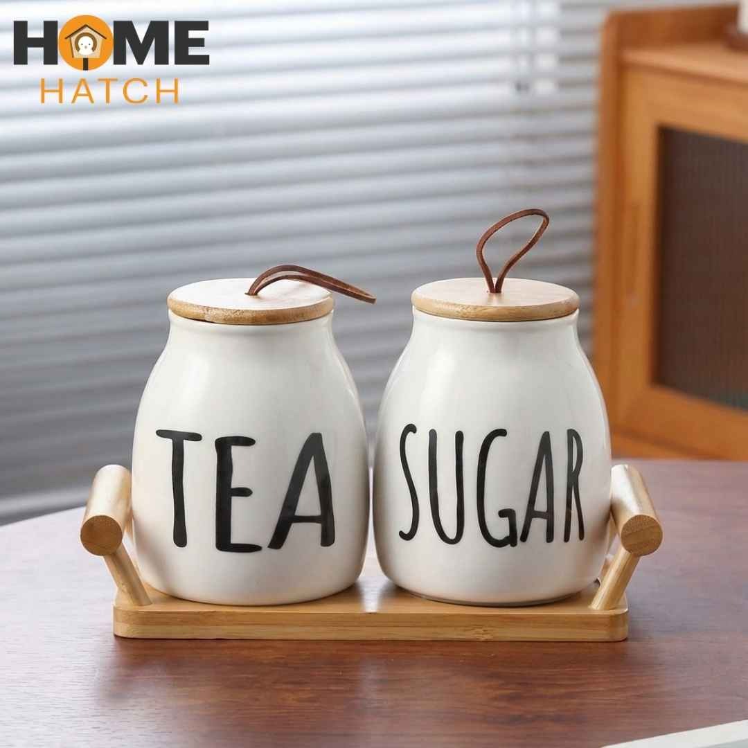 Ceramic tea and sugar storage jars with bamboo lids and wooden tray – Home Hatch Pakistan