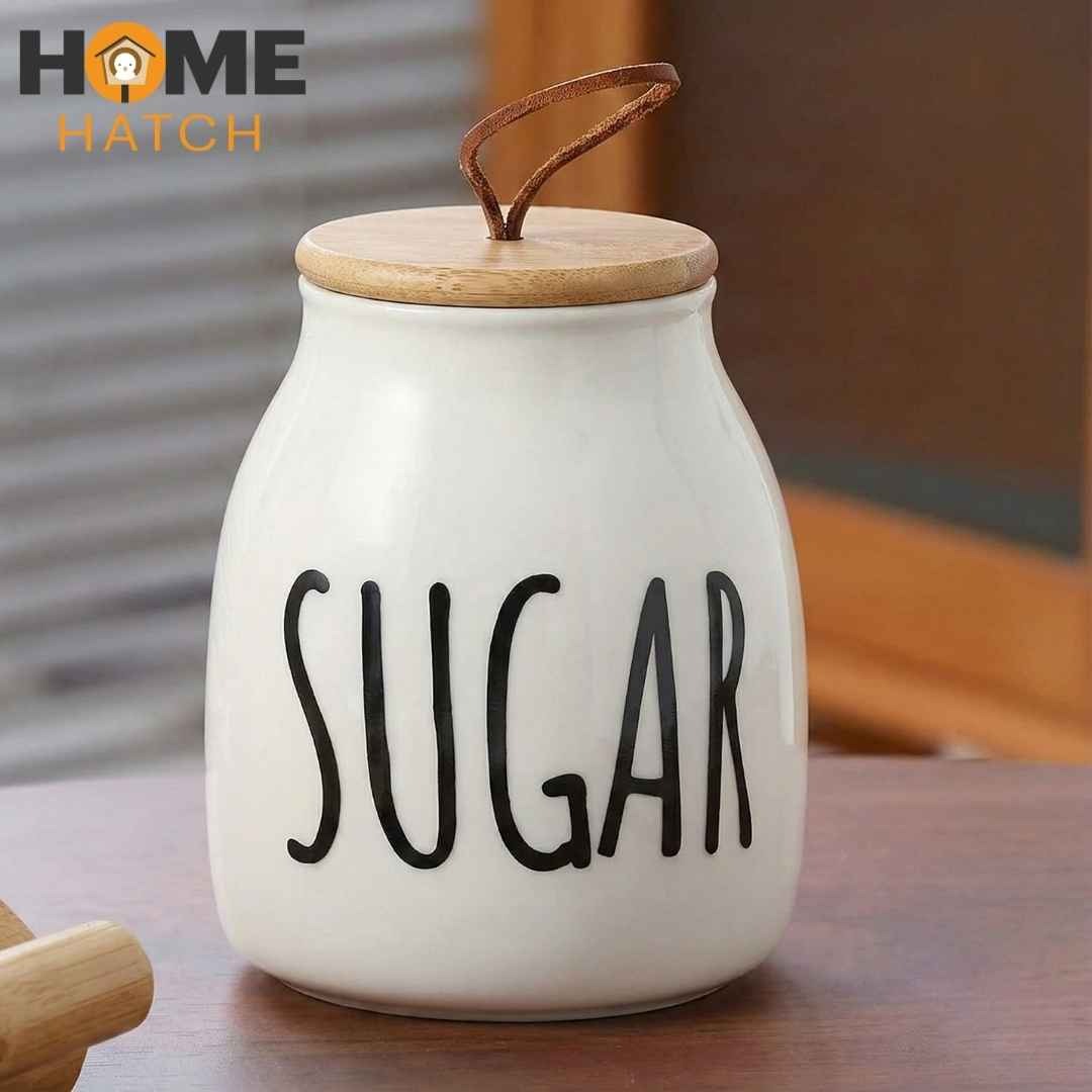 Ceramic tea and sugar storage jars with bamboo lids and wooden tray – Home Hatch Pakistan