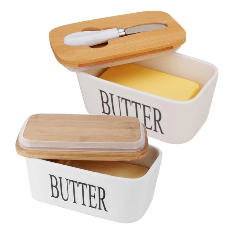 Ceramic butter dish with bamboo cover and built-in knife slot – Home Hatch Pakistan