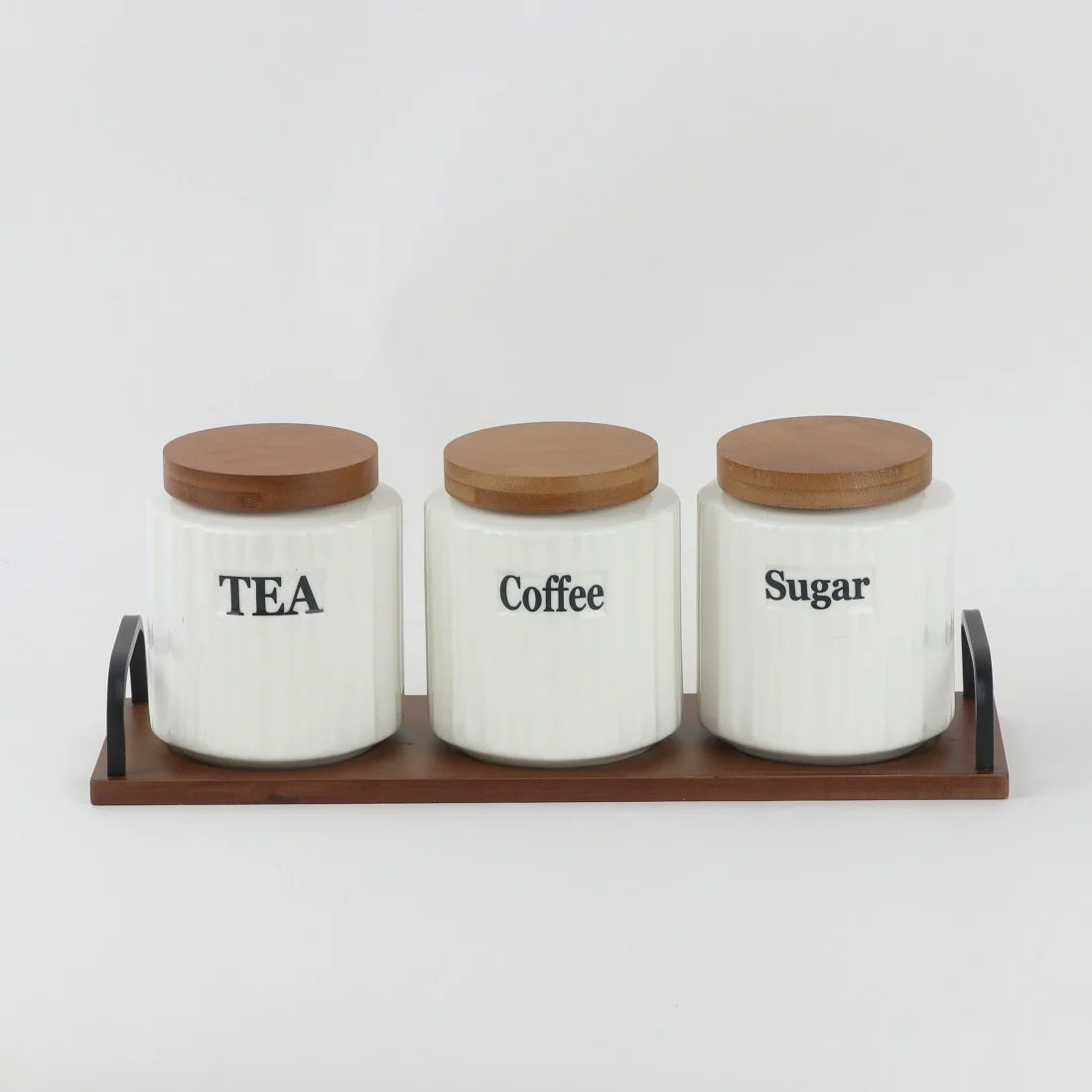 Ceramic coffee sugar tea canister set with wooden tray – Home Hatch Pakistan