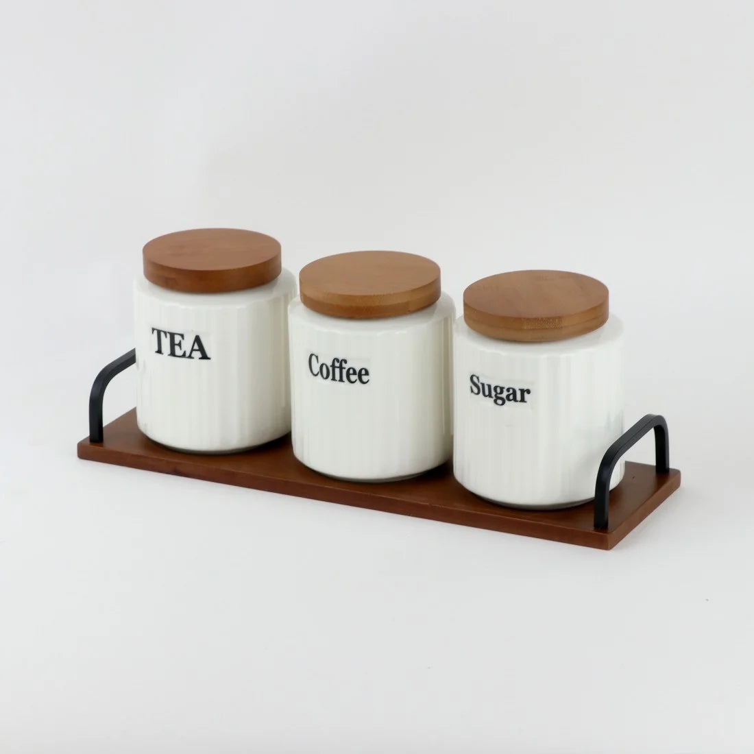 Ceramic coffee sugar tea canister set with wooden tray – Home Hatch Pakistan