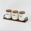 Ceramic Coffee, Sugar & Tea Canister Set with Wooden Tray