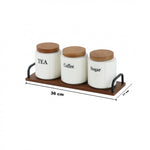 Ceramic coffee sugar tea canister set with wooden tray – Home Hatch Pakistan