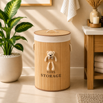 Premium Bamboo Laundry Basket with Bear Plush Toy, Lid & Rope Handles